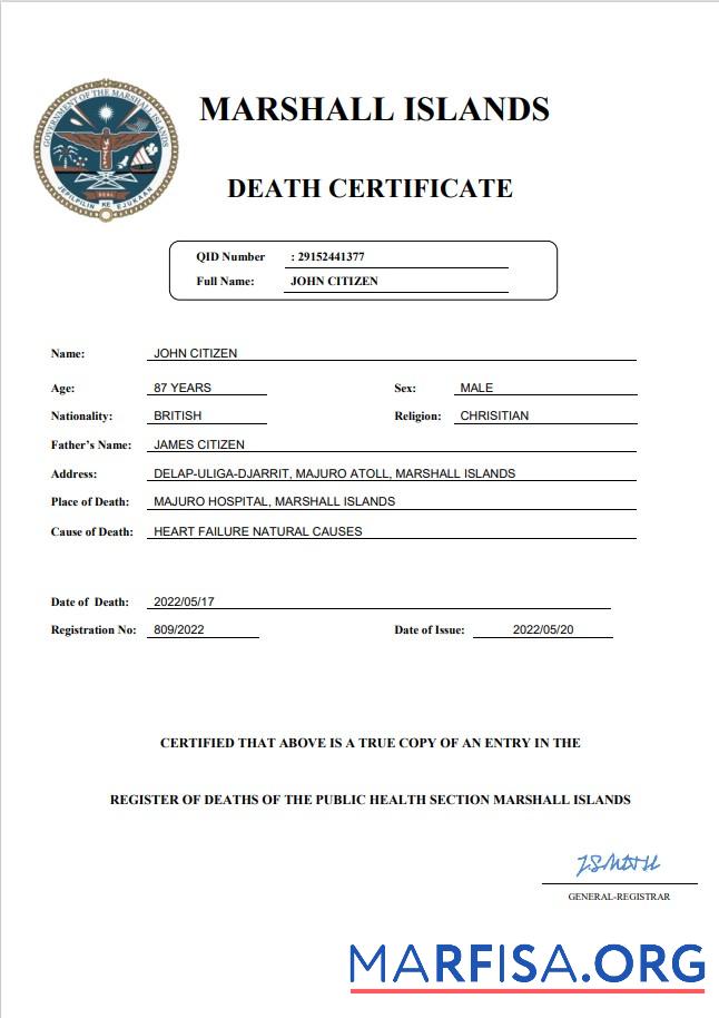 Downloadable Marshall Islands vital record death certificate Word and PDF template